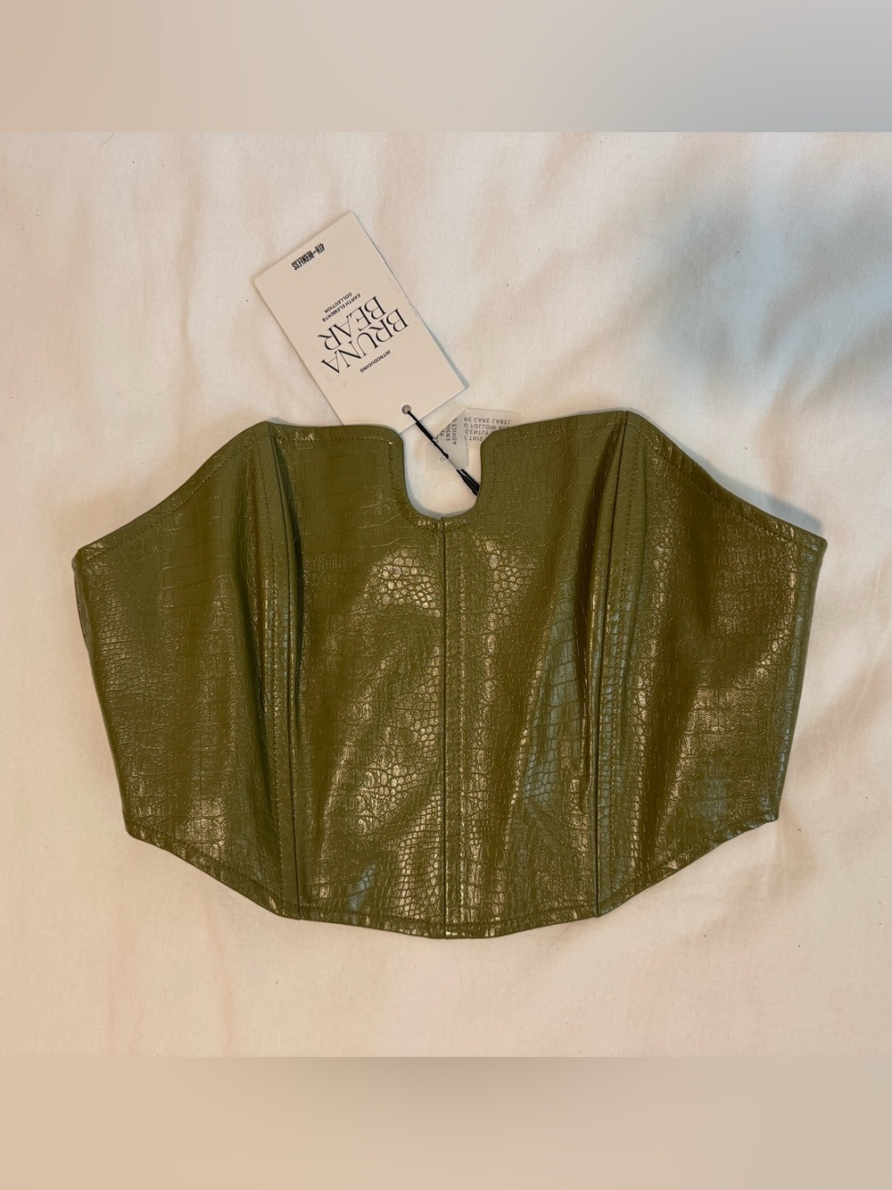 Bruna Bejar Olive Croc-Embossed Strapless Corset Top